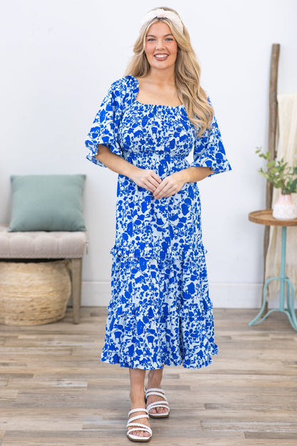 Blue Ditsy Floral Bell Sleeve Midi Dress