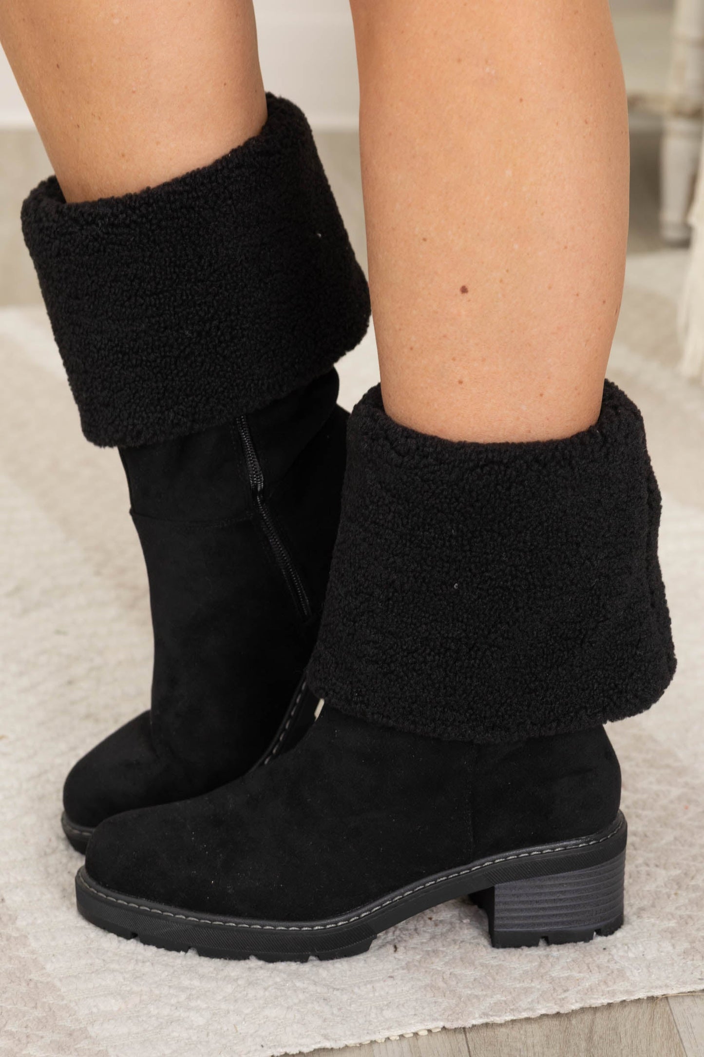 Black Suede Sherpa Cuff Block Heel Boot