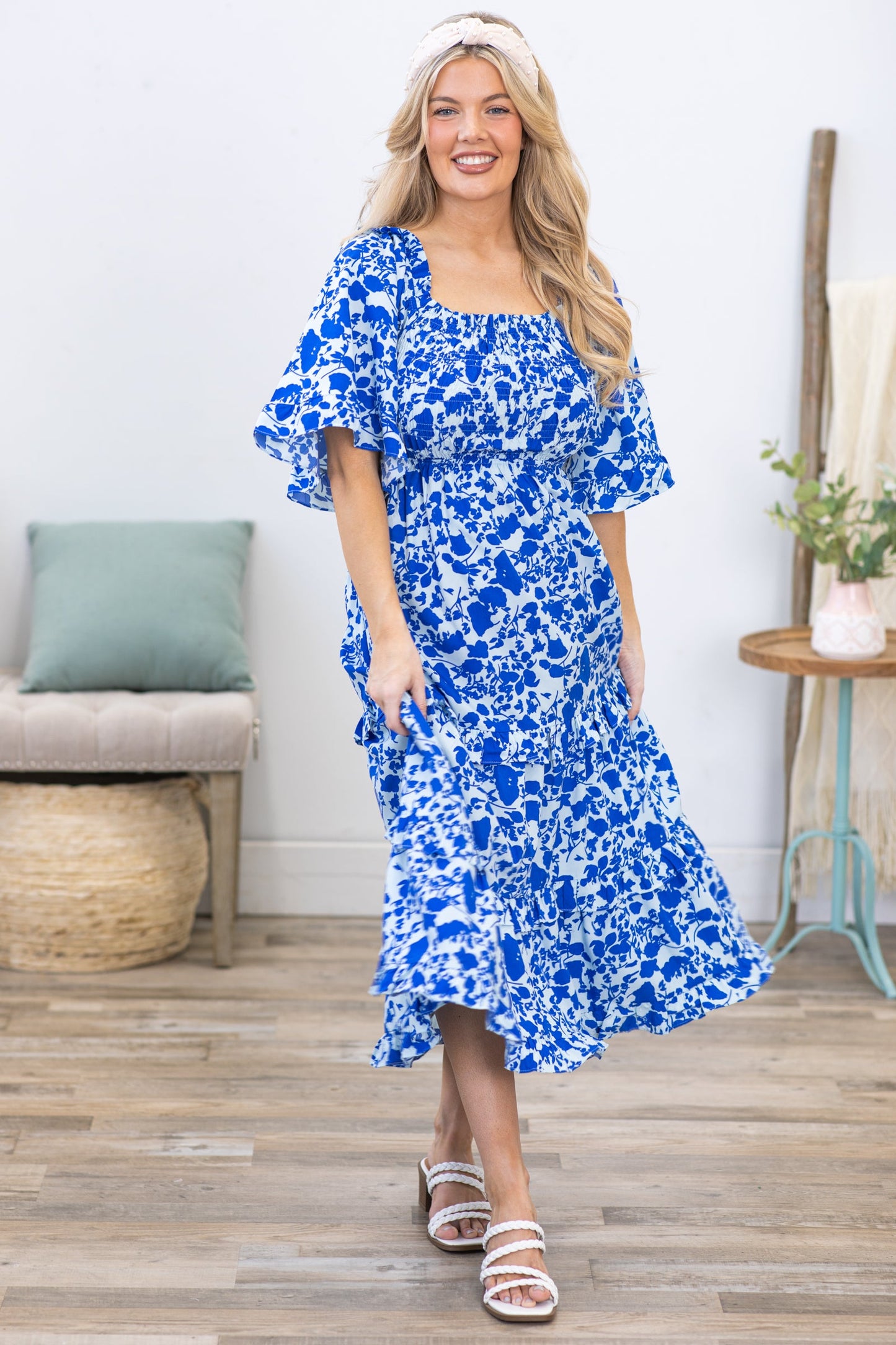 Blue Ditsy Floral Bell Sleeve Midi Dress