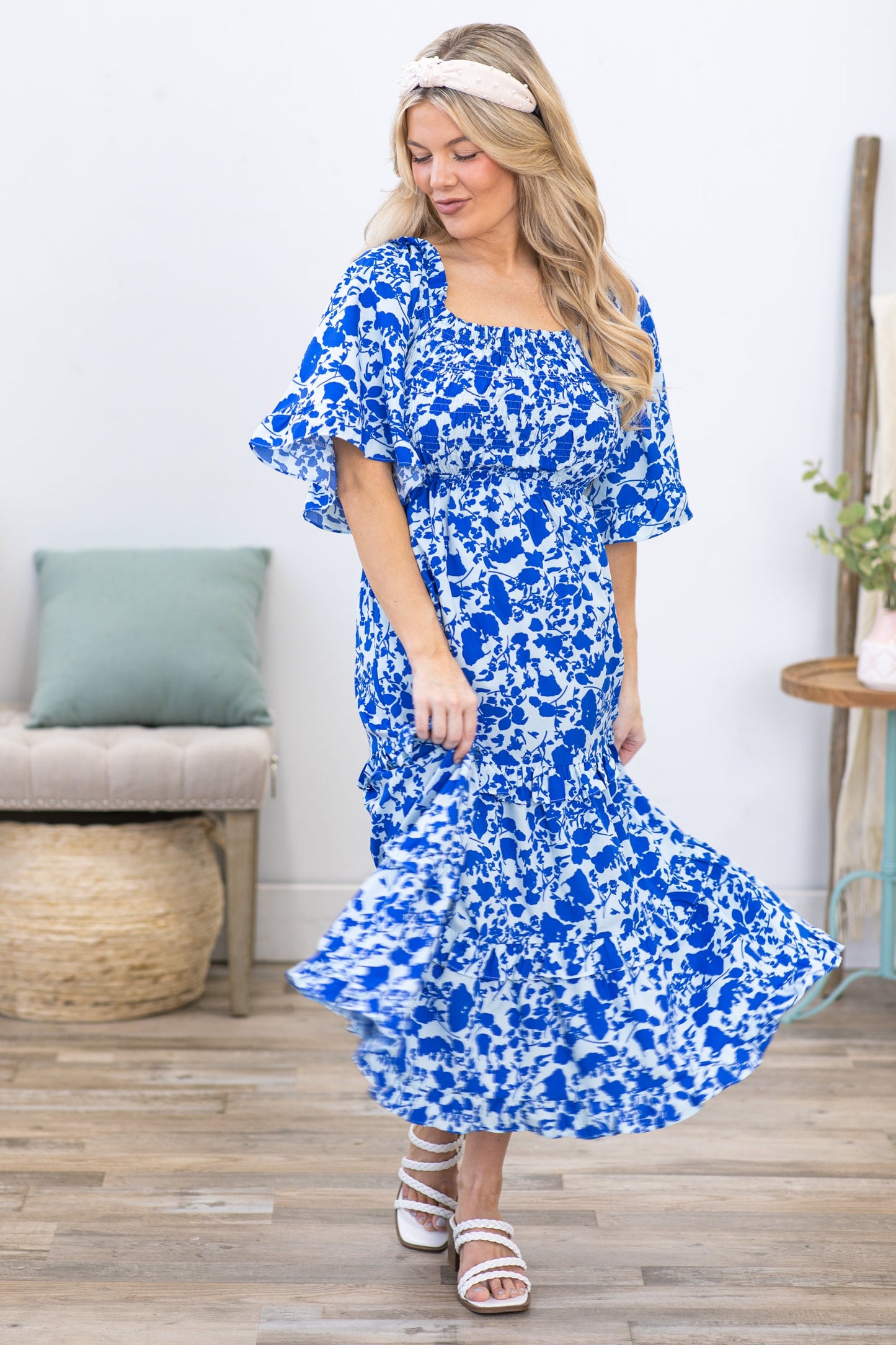 Blue Ditsy Floral Bell Sleeve Midi Dress