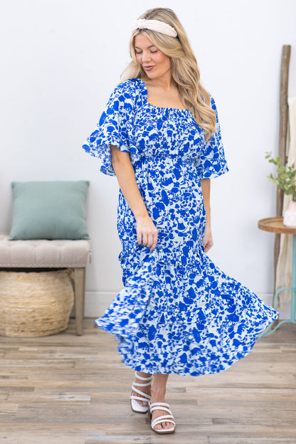 Blue Ditsy Floral Bell Sleeve Midi Dress