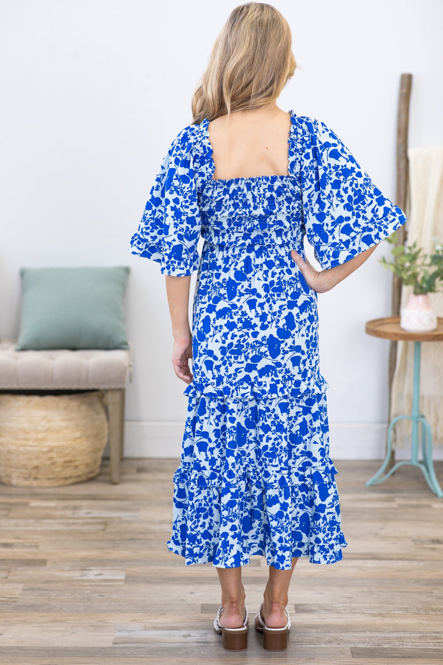 Blue Ditsy Floral Bell Sleeve Midi Dress