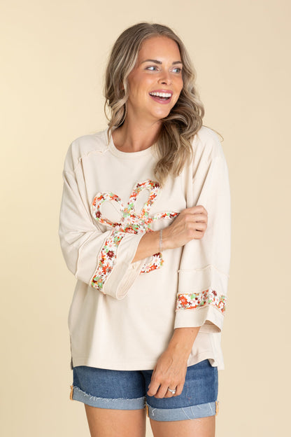 Beige Flower Patch Front Terry Knit Top