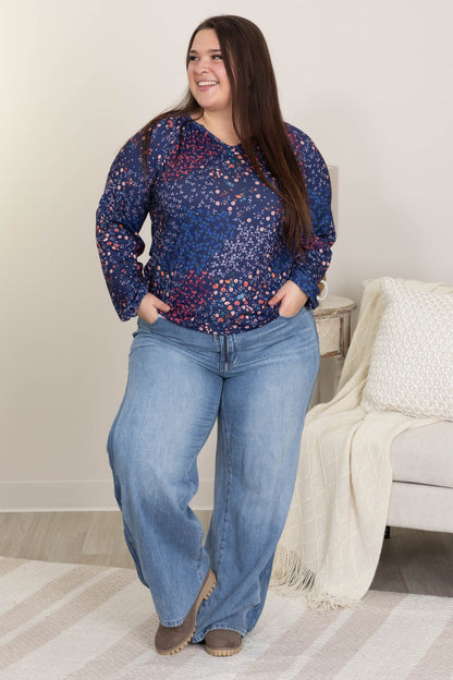 Blue Ditsy Floral Bubble Sleeve Top With Notch Neck