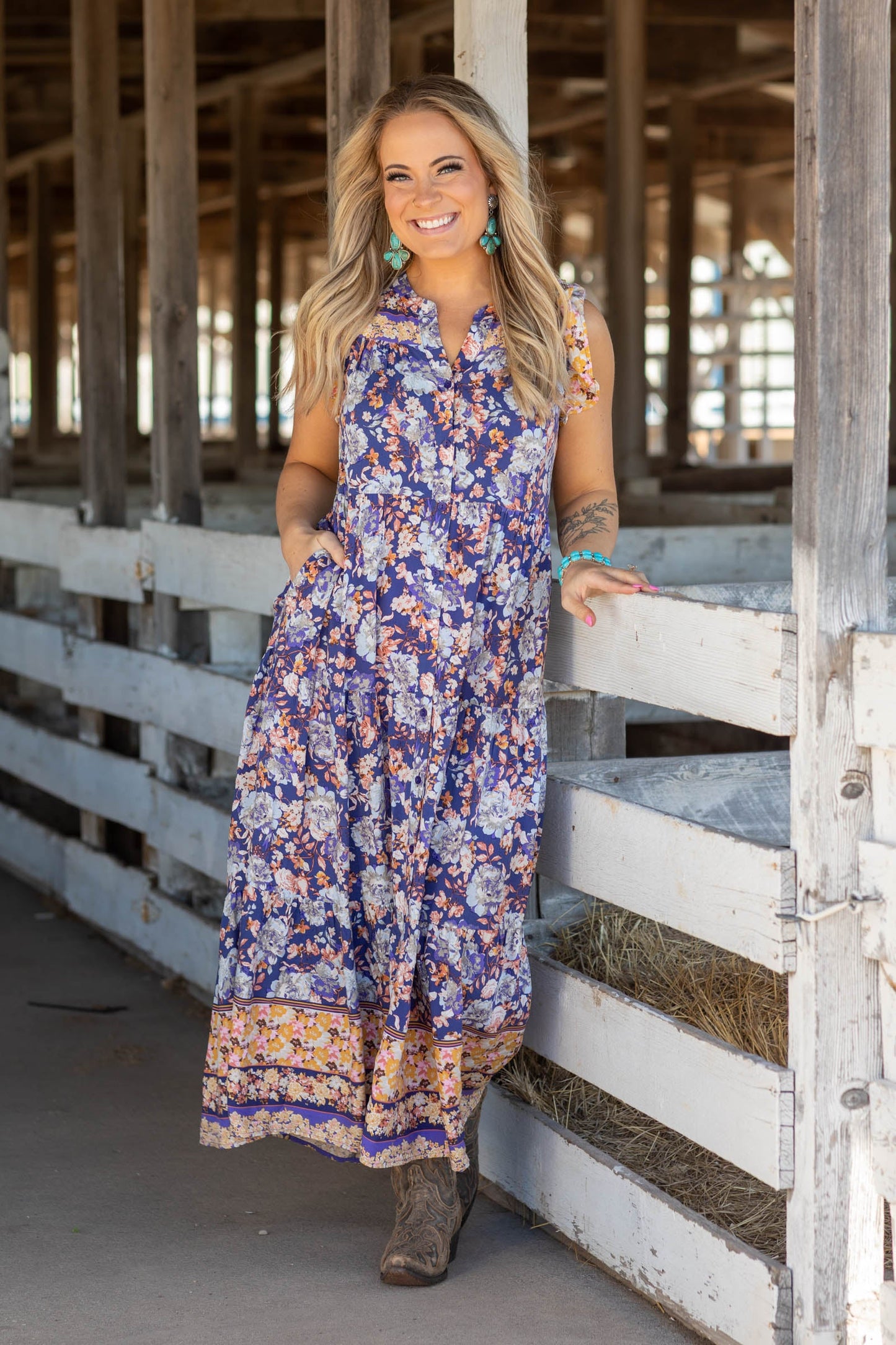 Blueberry Flower Print Woven Maxi Dress