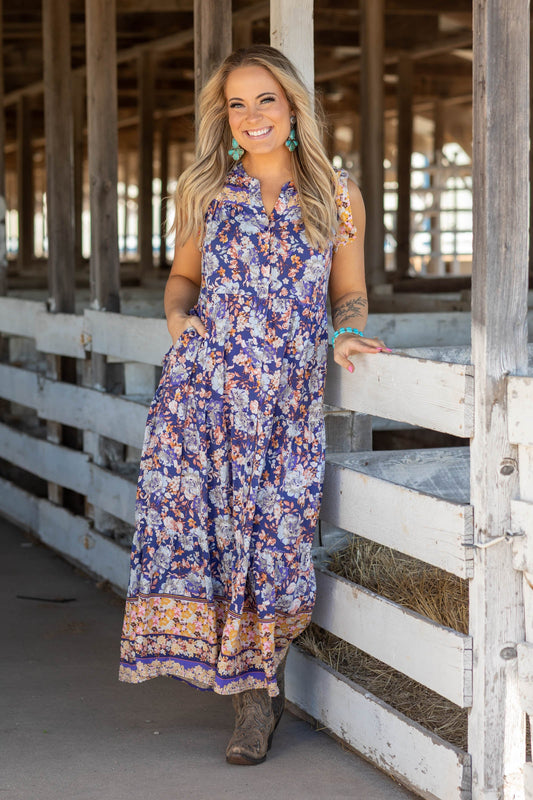 Blueberry Flower Print Woven Maxi Dress