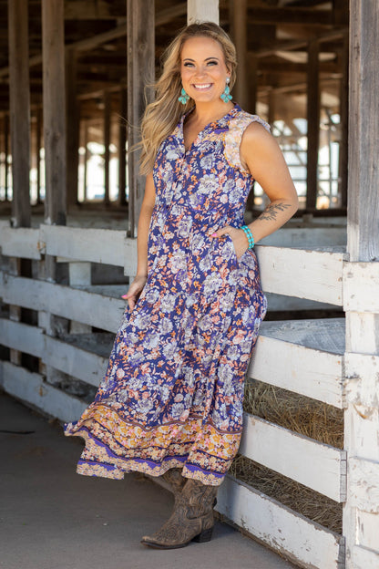 Blueberry Flower Print Woven Maxi Dress