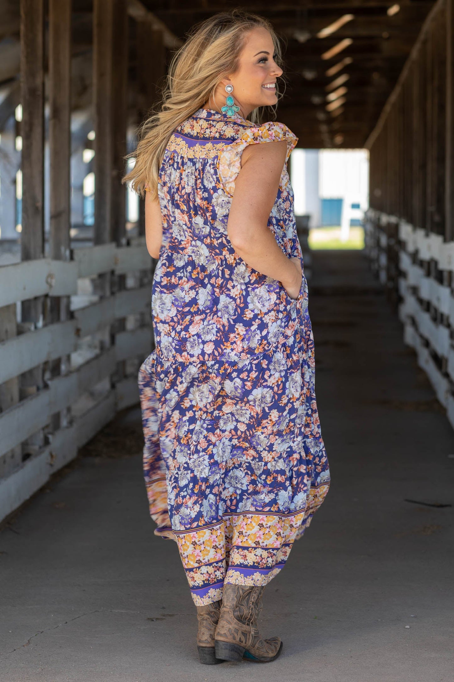 Blueberry Flower Print Woven Maxi Dress