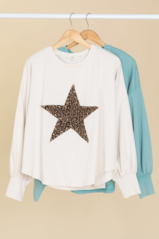 Animal Print Star Patch Knit Top