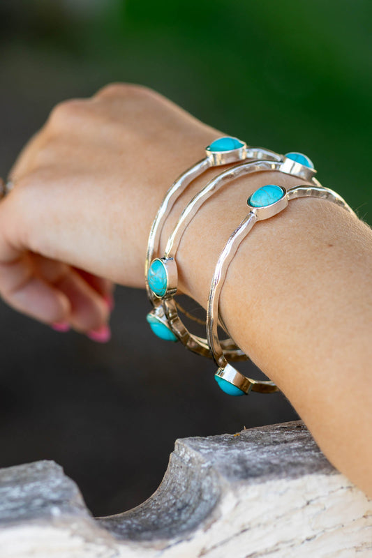 3 Set Burnished Silver Bangles with Turquoise