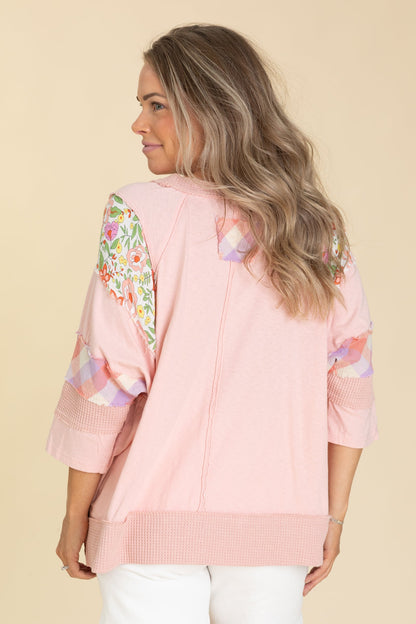 Baby Pink Mix Print Cotton Washed Knit Top