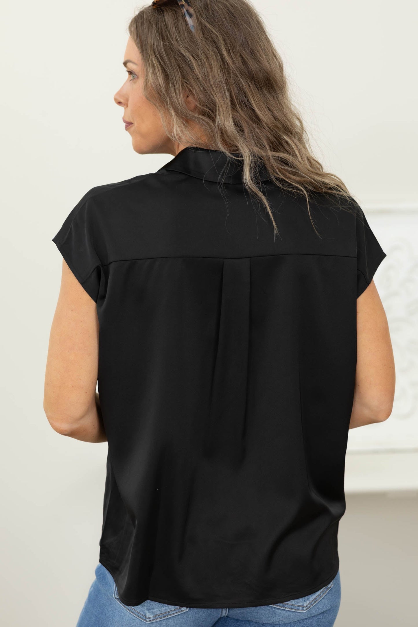 Black Satin Sleeveless Button Up Blouse