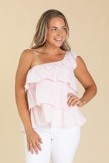 Baby Pink and White Pinstripe One Shoulder Top