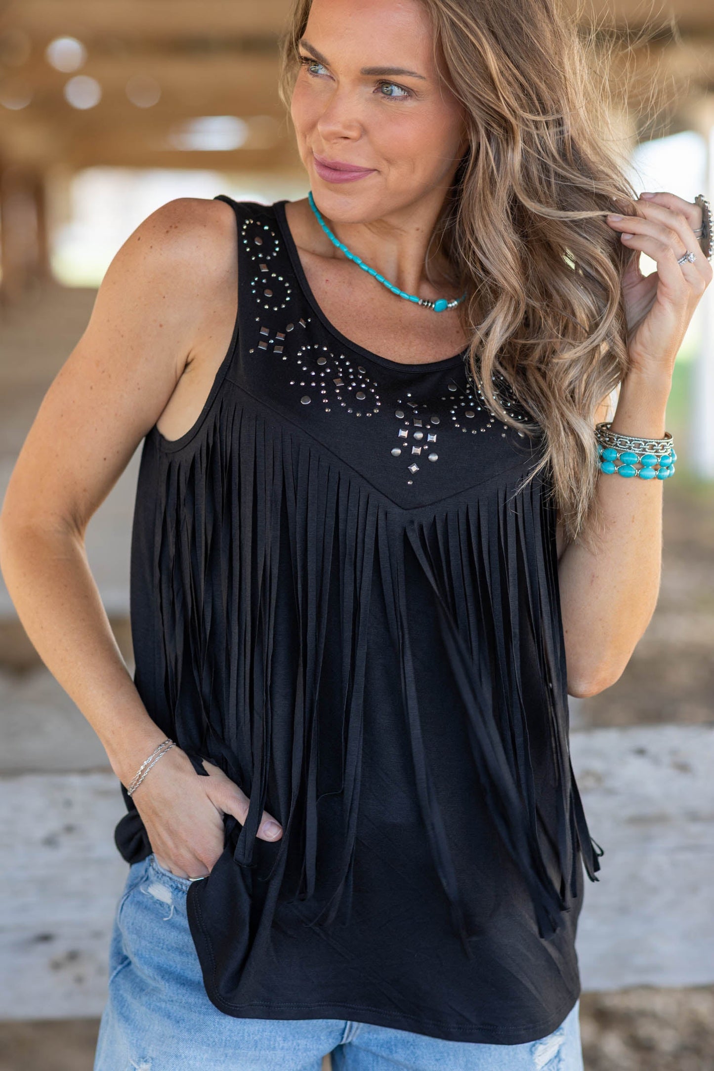 Black Fringe Detail With Studs Tank Top