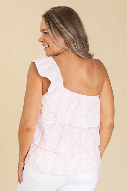 Baby Pink and White Pinstripe One Shoulder Top