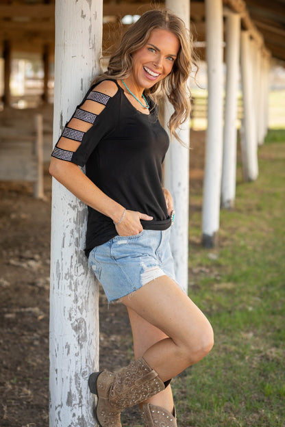 Black Embellished Cutout Short Sleeve Knit Top