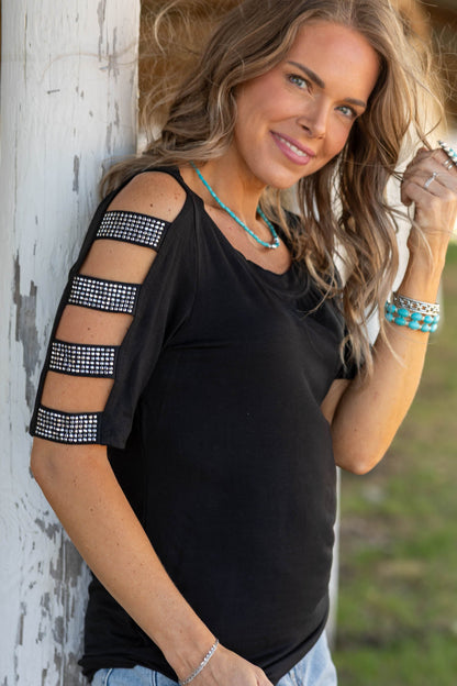 Black Embellished Cutout Short Sleeve Knit Top