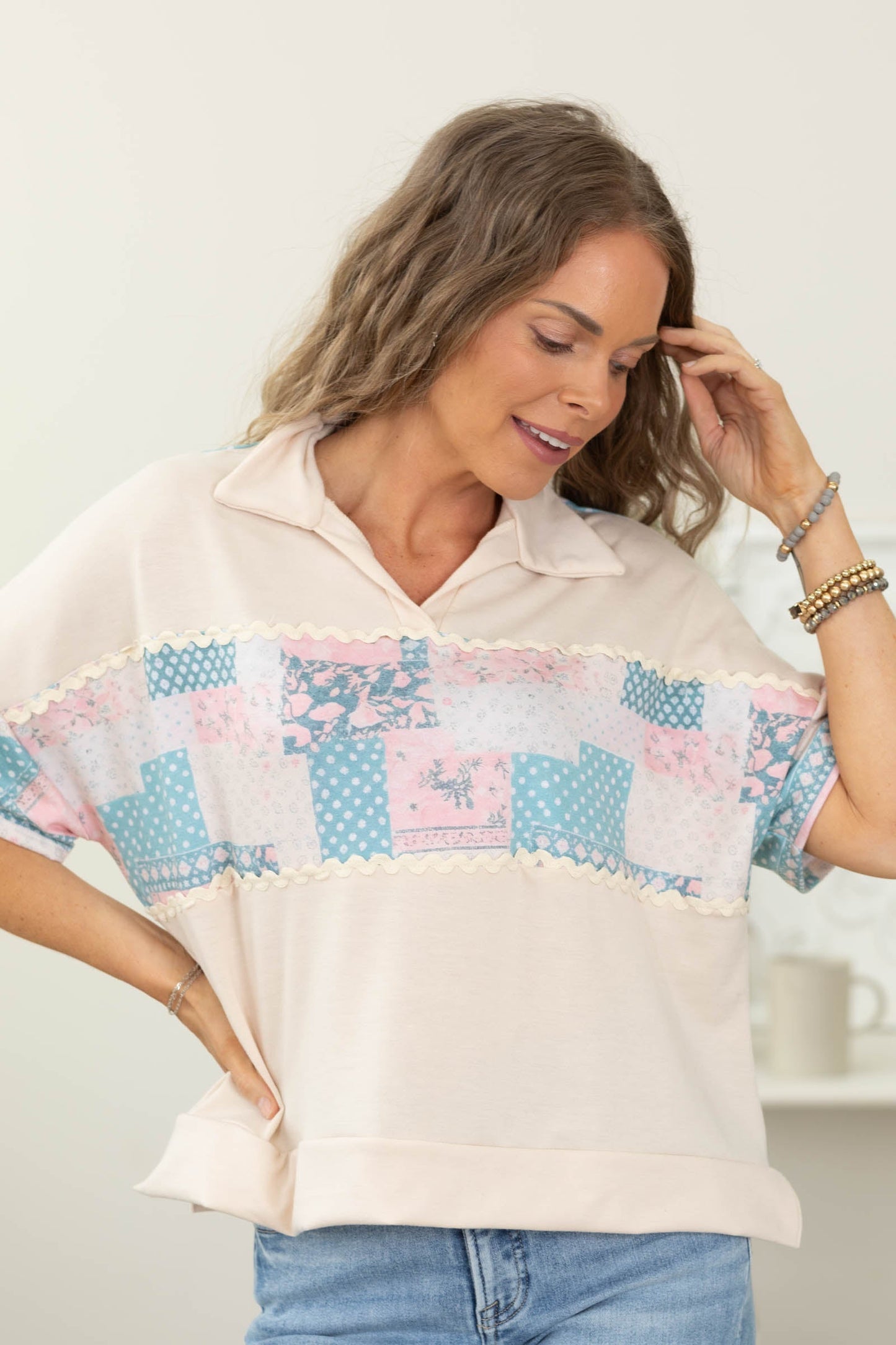 Beige Collared Floral Patchwork Knit Top