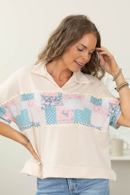 Beige Collared Floral Patchwork Knit Top