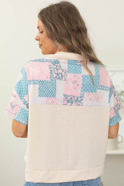Beige Collared Floral Patchwork Knit Top