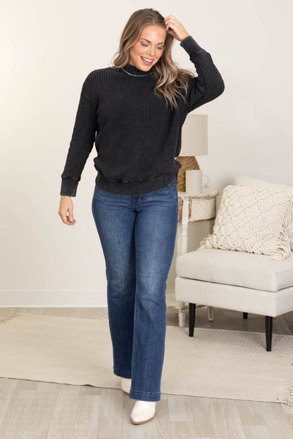 Black Waffle Mineral Wash Mock Neck Knit Top
