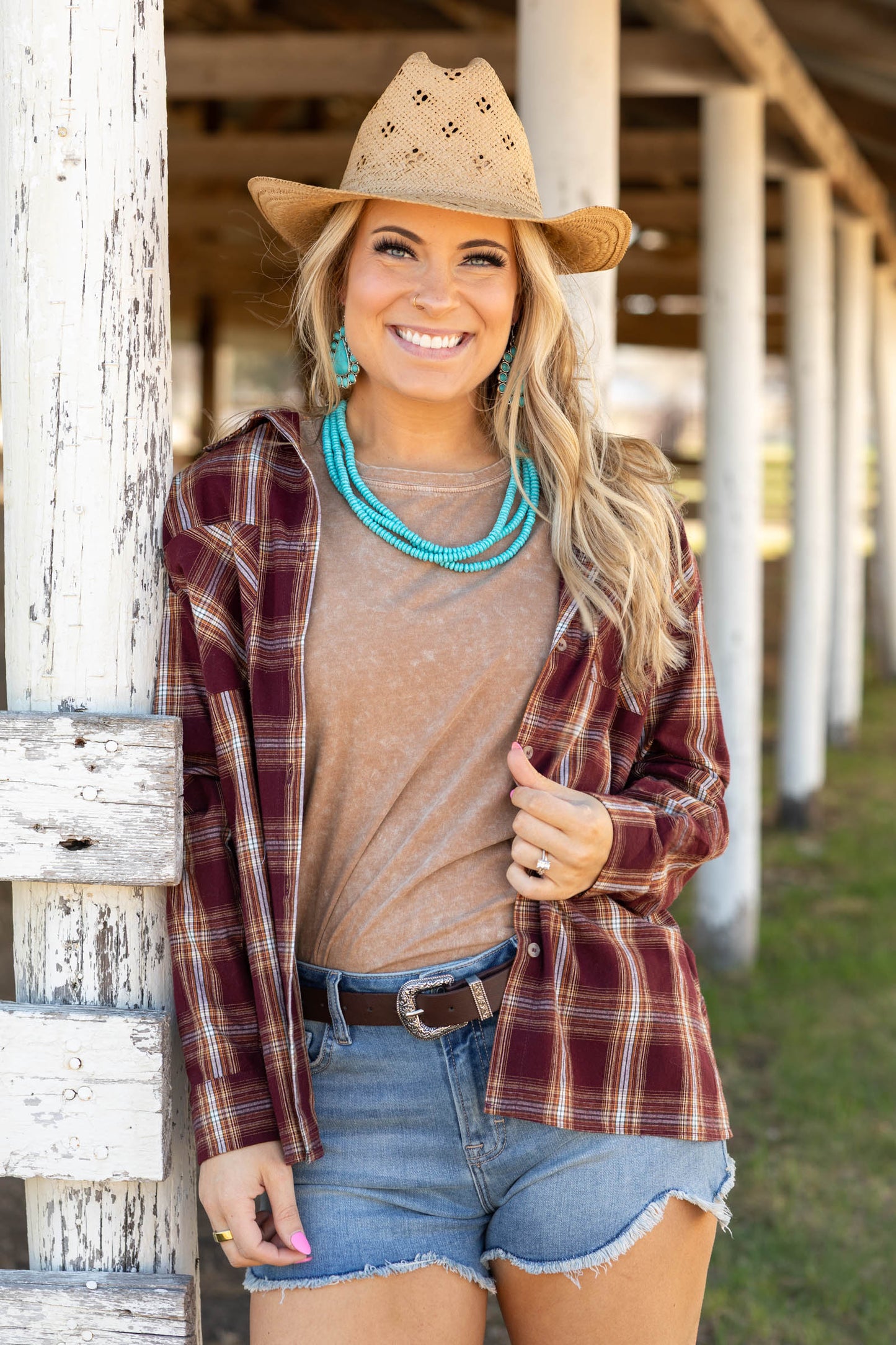 Berry Plaid Woven Top With Roll Up Sleeve