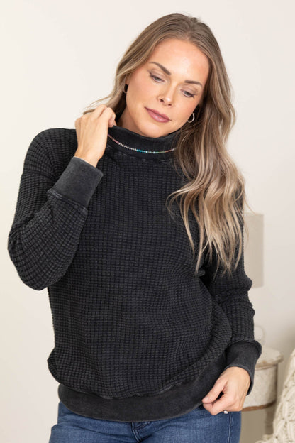 Black Waffle Mineral Wash Mock Neck Knit Top