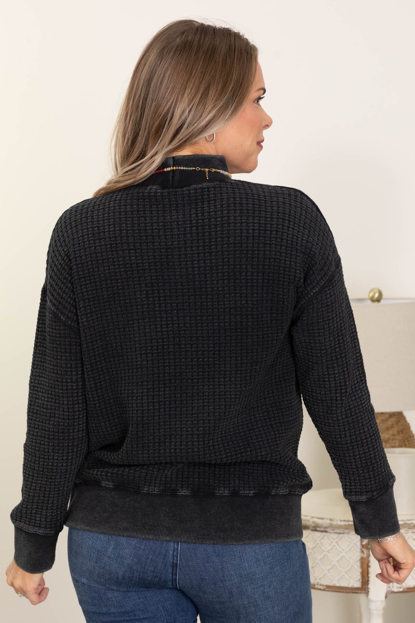 Black Waffle Mineral Wash Mock Neck Knit Top