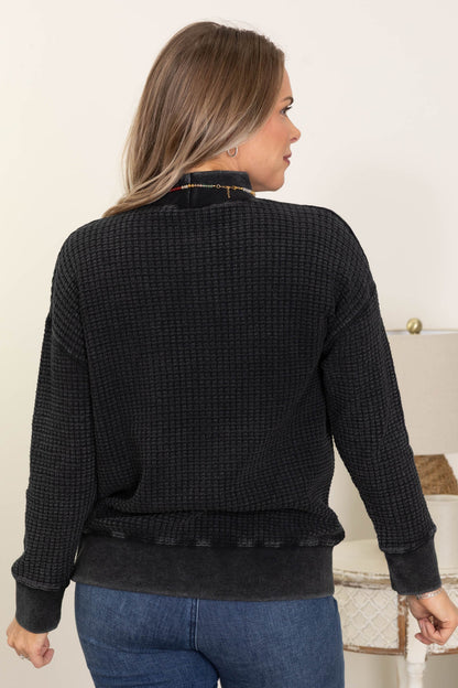 Black Waffle Mineral Wash Mock Neck Knit Top