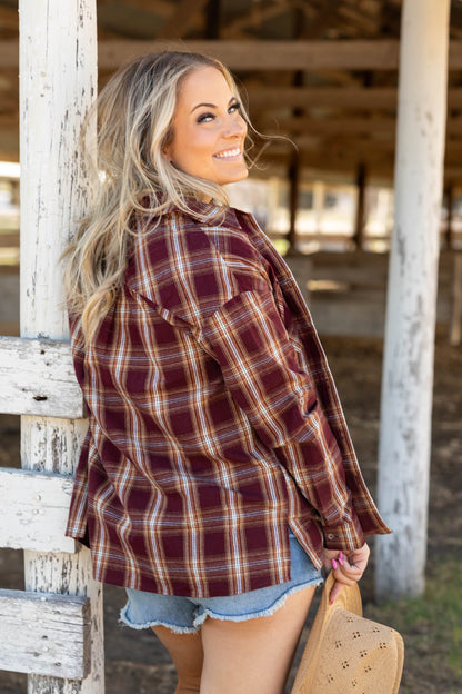 Berry Plaid Woven Top With Roll Up Sleeve