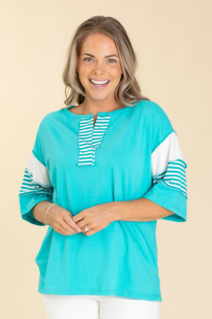 Aqua Cotton Jersey Stripe Stitching Knit Top