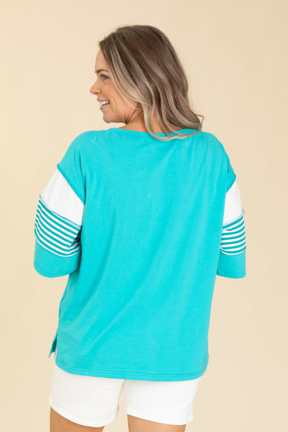 Aqua Cotton Jersey Stripe Stitching Knit Top