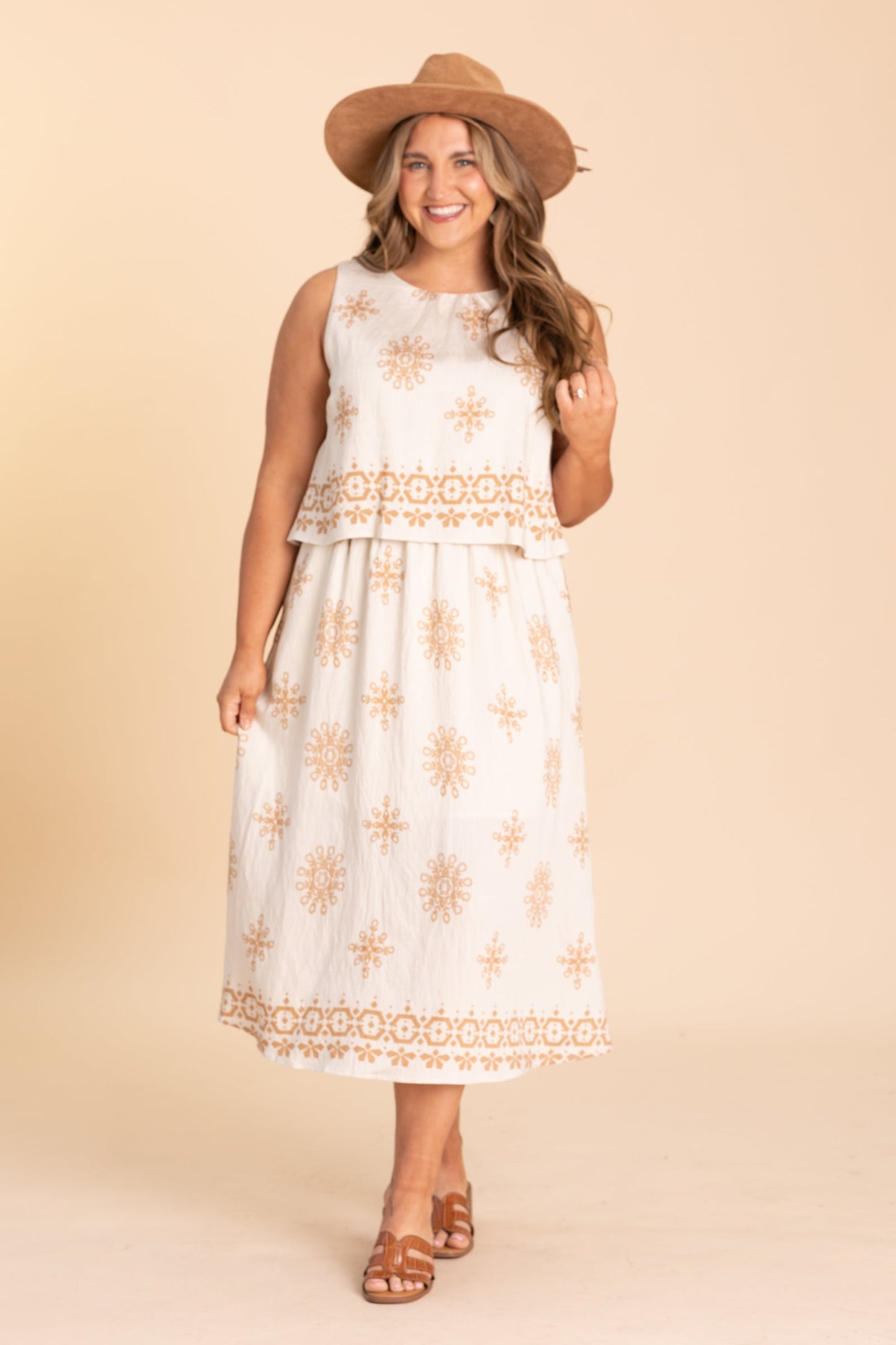 Beige And Camel Starburst Print Midi Dress