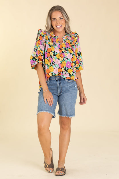 Black Flower Print V-Notched Woven Top