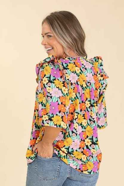 Black Flower Print V-Notched Woven Top
