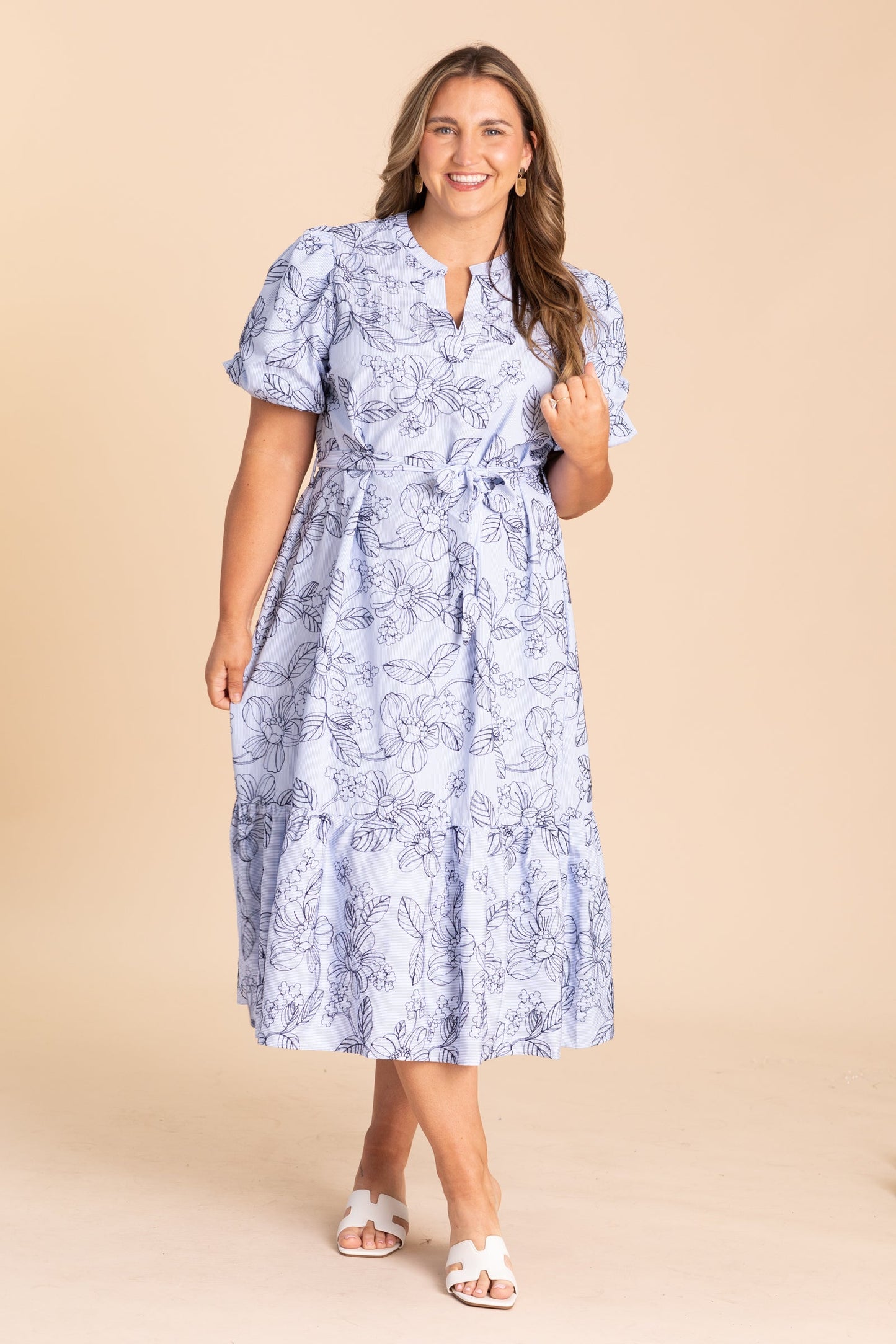 Baby Blue With Navy Floral Print Midi Dress