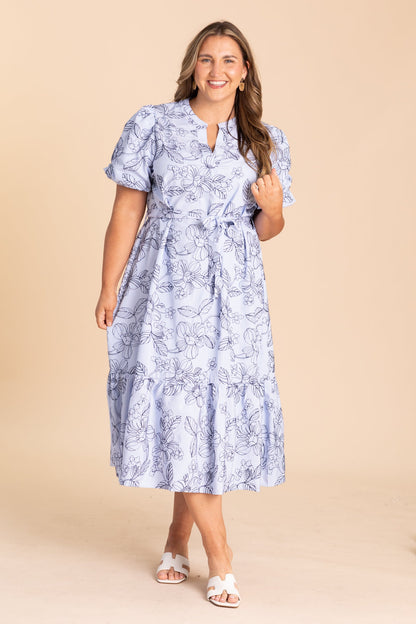 Baby Blue With Navy Floral Print Midi Dress