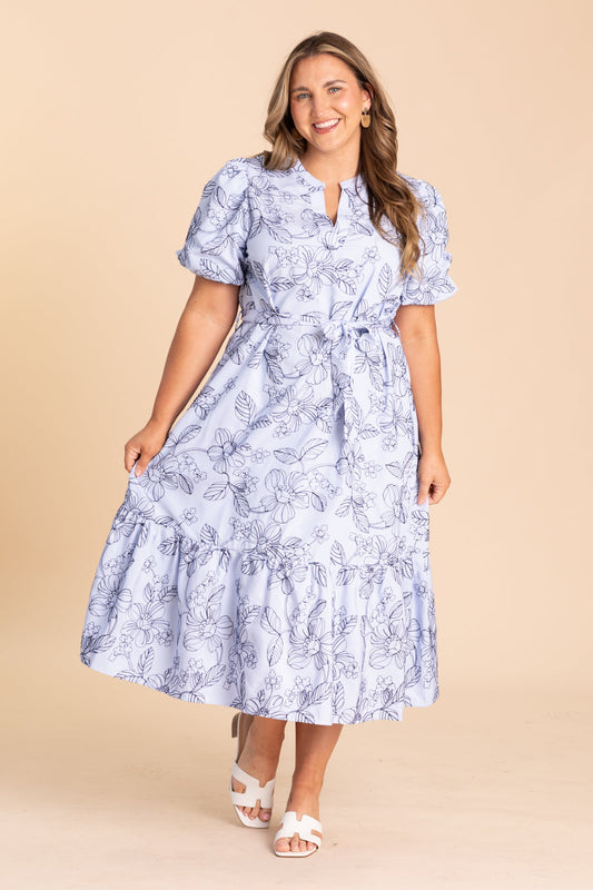 Baby Blue With Navy Floral Print Midi Dress