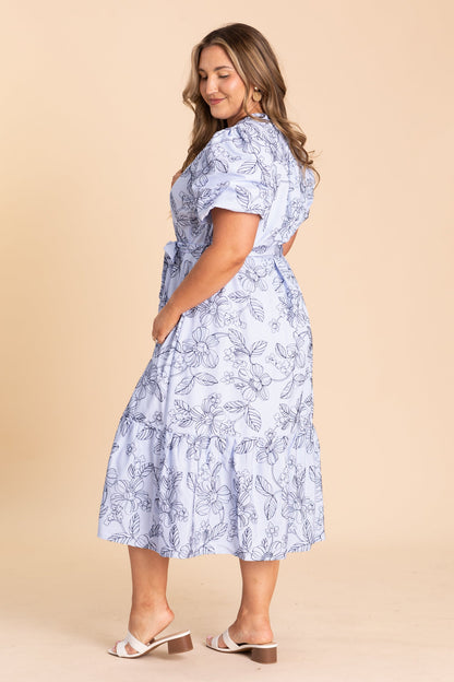 Baby Blue With Navy Floral Print Midi Dress