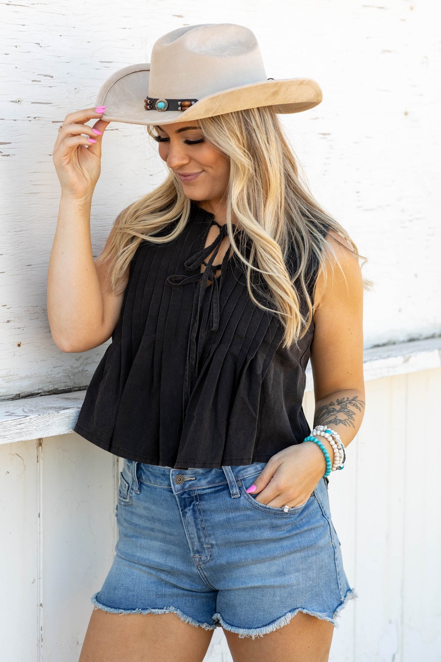 Black Pleated Tie Front Sleeveless Blouse