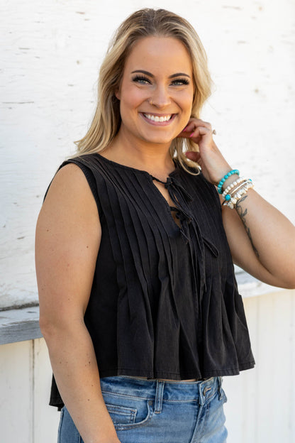 Black Pleated Tie Front Sleeveless Blouse