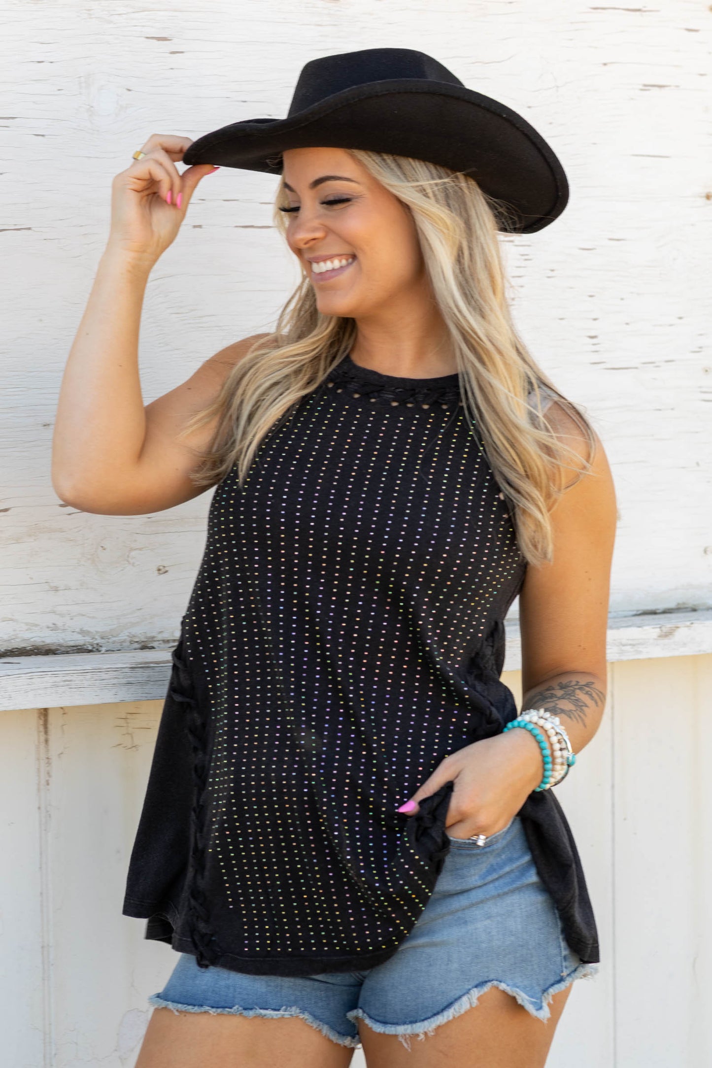 Black Godet Tank Top With Criss Cross Detail
