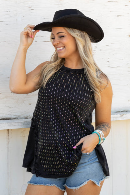 Black Godet Tank Top With Criss Cross Detail