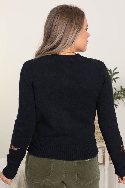Black Animal Embroidery Detail Button Cardigan