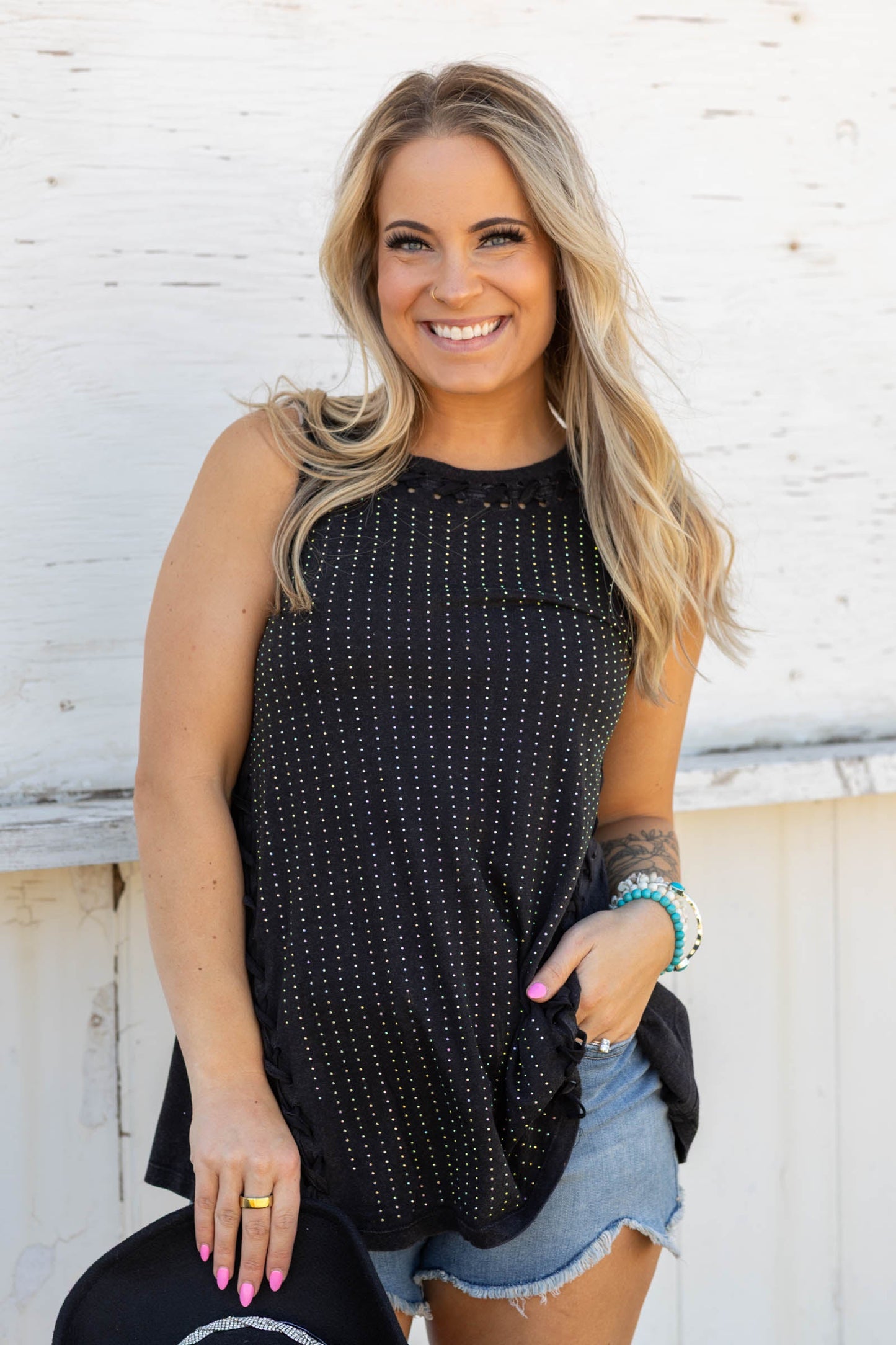 Black Godet Tank Top With Criss Cross Detail