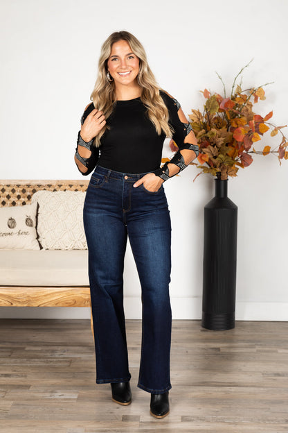 Black Long Sleeve With Criss Cross Jewels Top