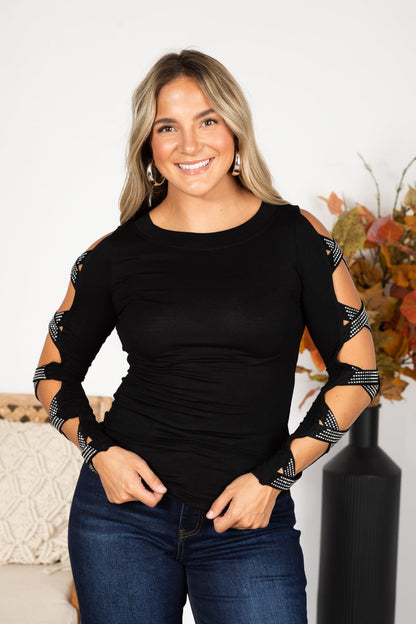 Black Long Sleeve With Criss Cross Jewels Top
