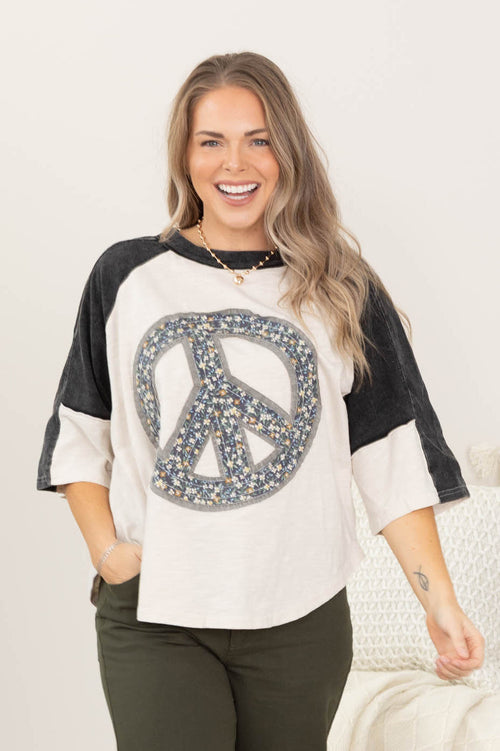Black and Ivory Patchwork Peace Sign Top