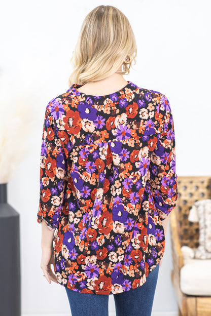 Black Floral Print Wrinkle Free Lizzy Top
