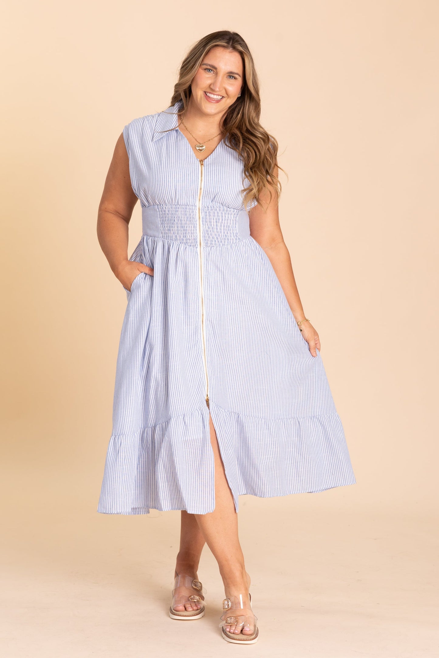 Baby Blue Stripe Midi Dress With Zipper